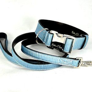 Blue Embossed Leather Collar & Leash, 17"-20"